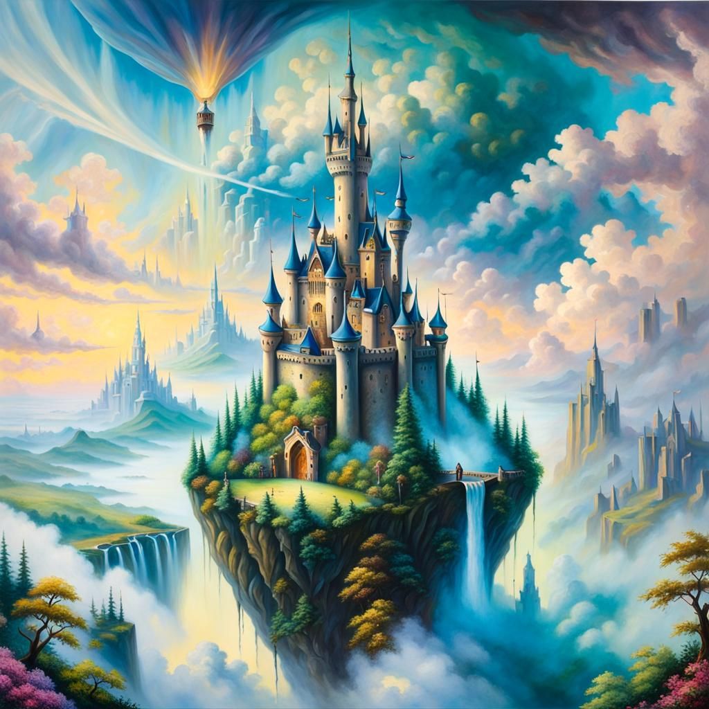 Surreal Flying Castle in Ethereal Mist, Oil Painting