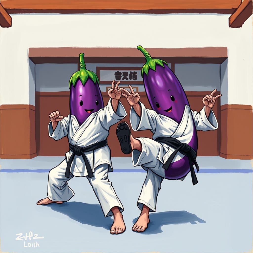 Eggplants Practicing Karate in Pop Art Style