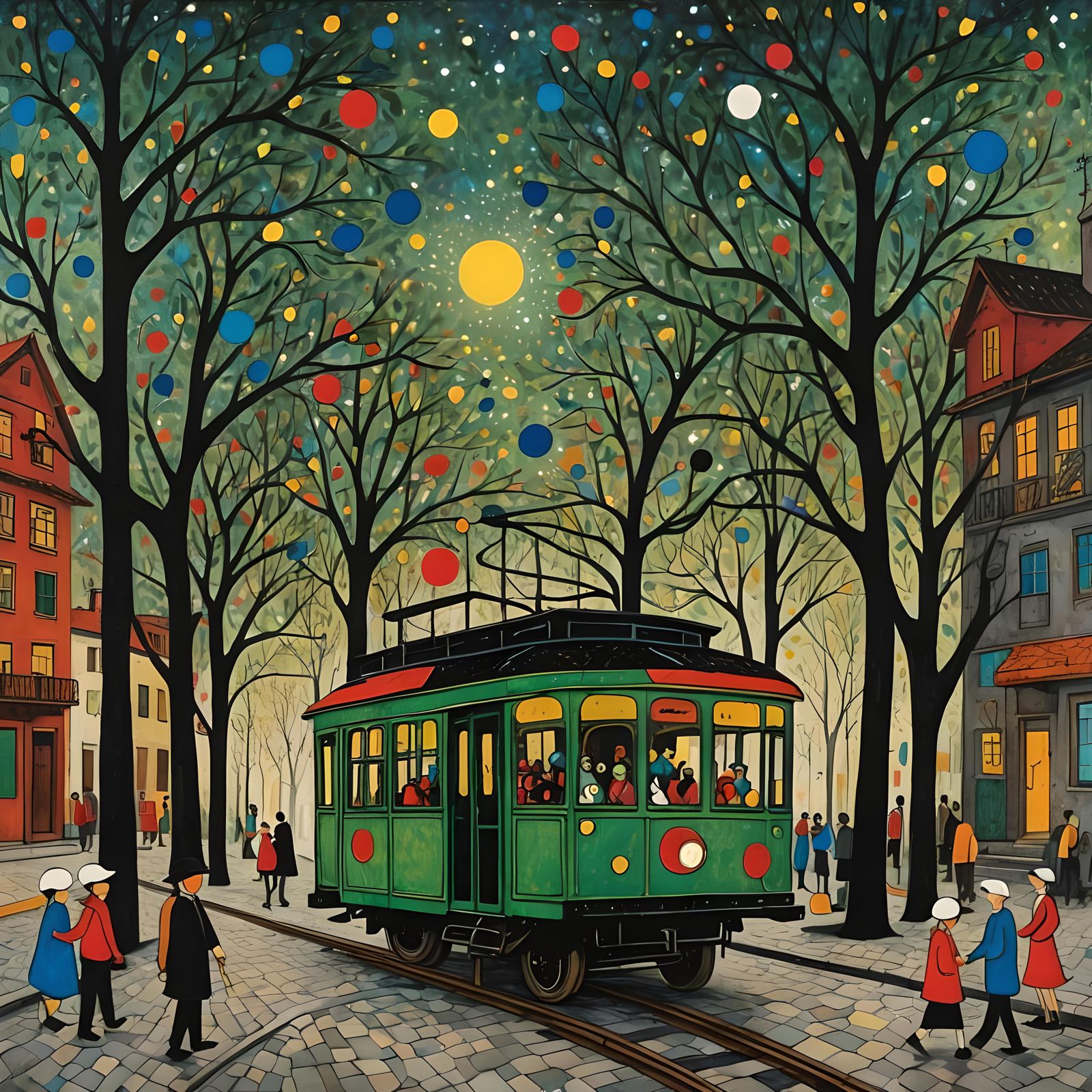 Trolley Under Starry Sky in Naive Art Style