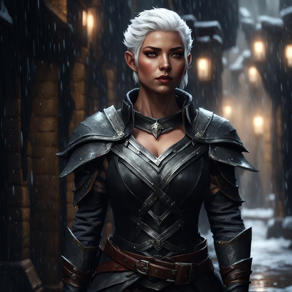 Curvaceous Elf Woman in Rainy Alley: Dark Fantasy Art