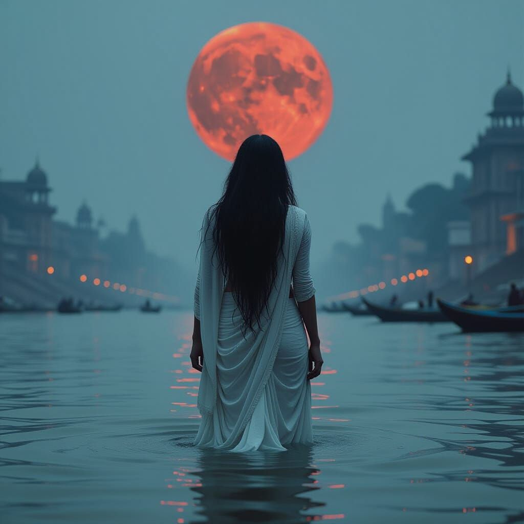 Eerie Woman in Saree by the Ganges