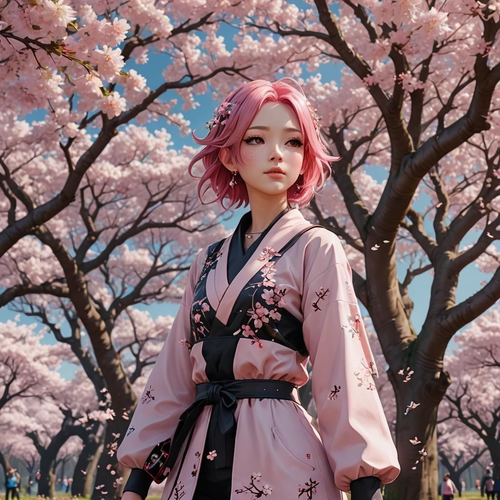 Pink Haired Girl in Cherry Blossom Field