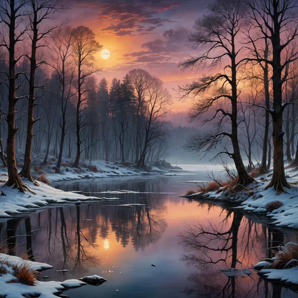 Spectral Winter Lake Masterpiece in Whispers of Watercolor a...