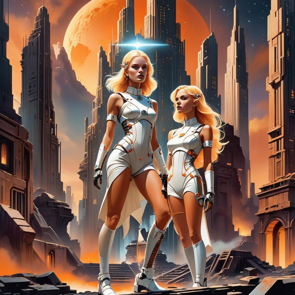 Luminous Nymphs Astral Projecting in Art Deco Cityscape