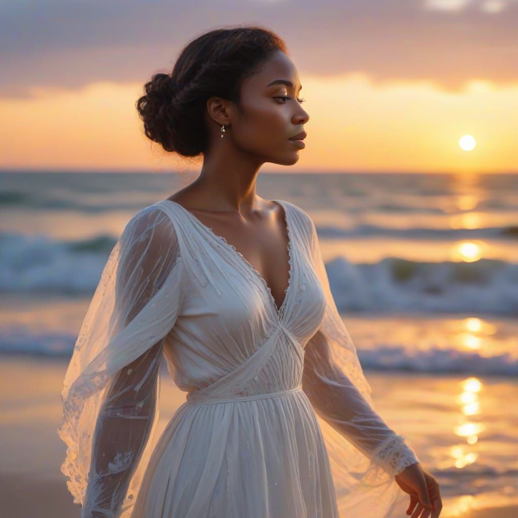 Ethereal Black Woman Amidst Sunset Bioluminescence in Impres...