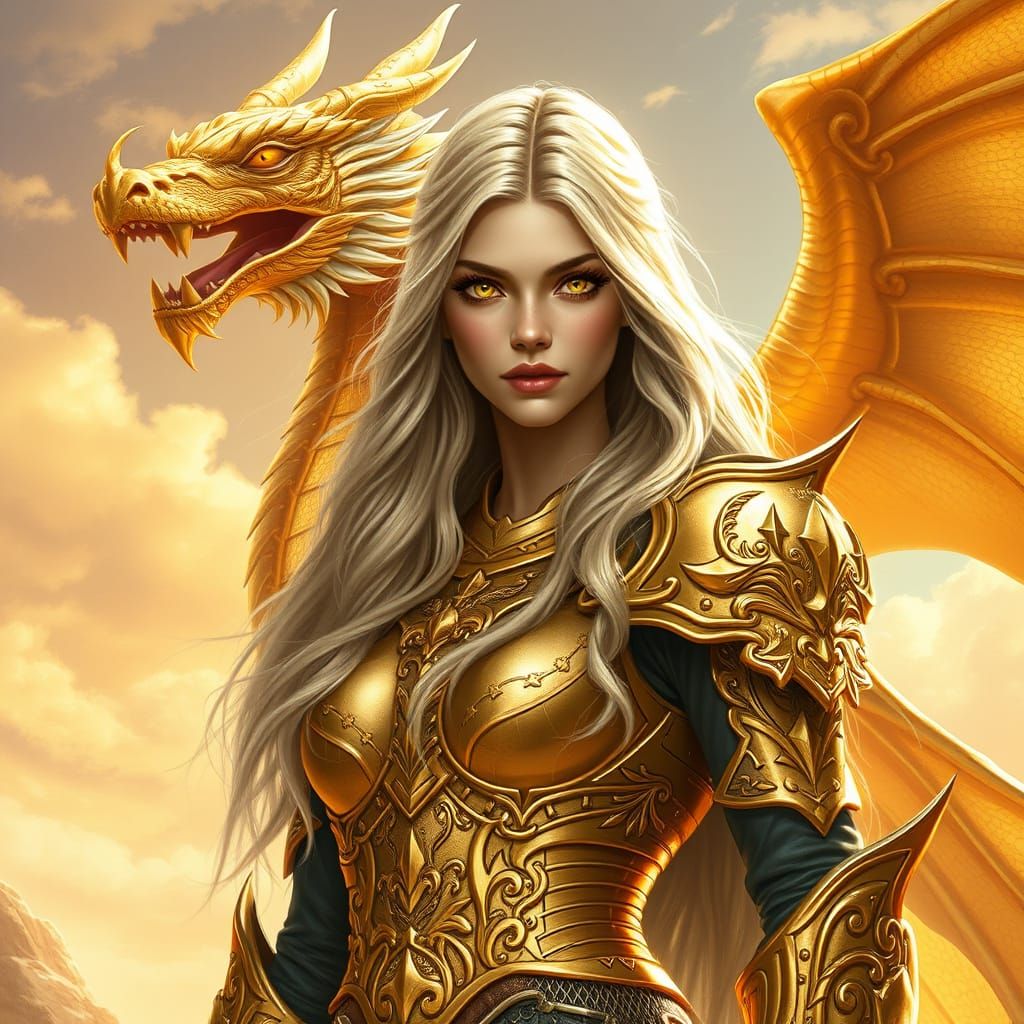 Golden Paladin Stands Tall with Majestic Dragon in Sunlit Fa...