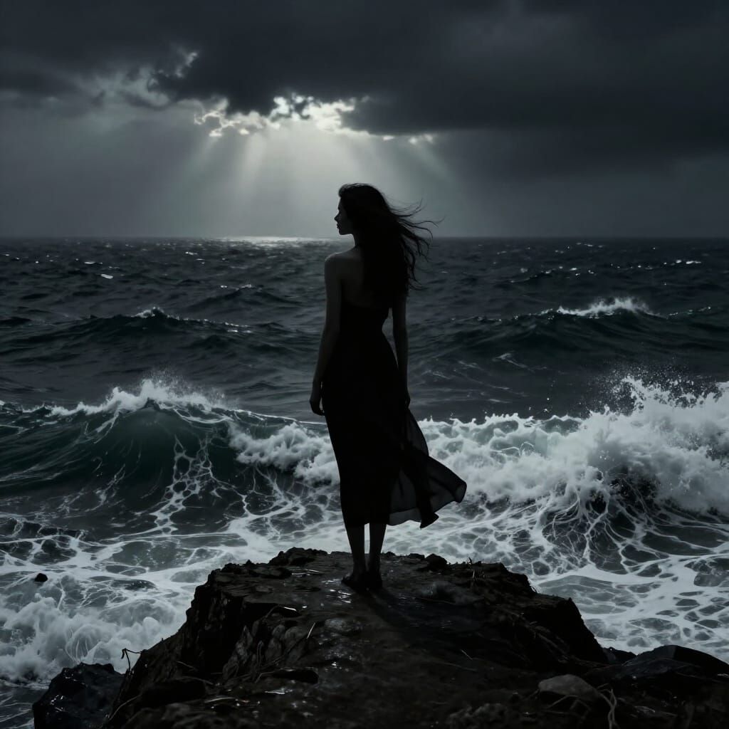 Woman on Cliff Overlooking Dark Ocean in Surreal Style