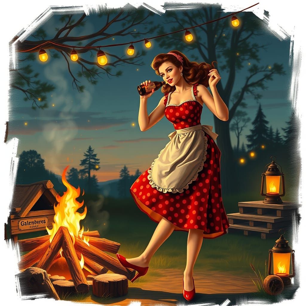 Sultry Pinup Girl Dances by Campfire in Classic American Sty...