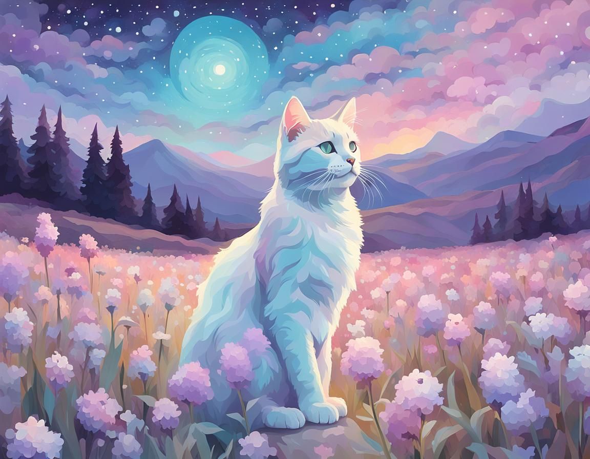 Cat during golden hour in a flower field