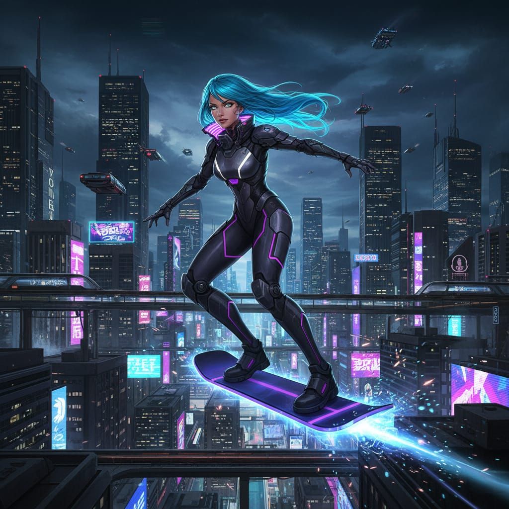 Cyberpunk Anime Woman on Flying Hoverboard