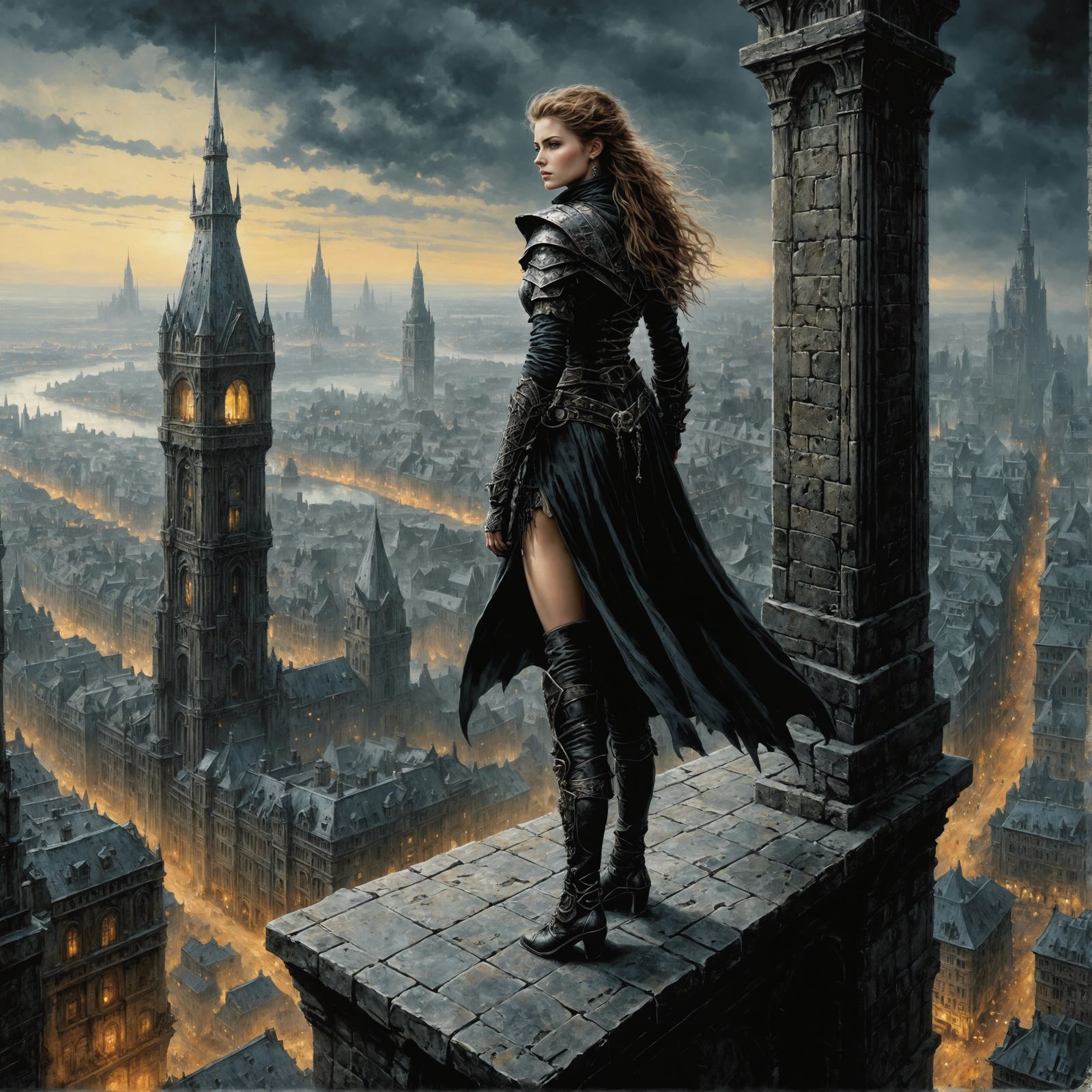 Adventuress Overlooking City in Dark Fantasy Style