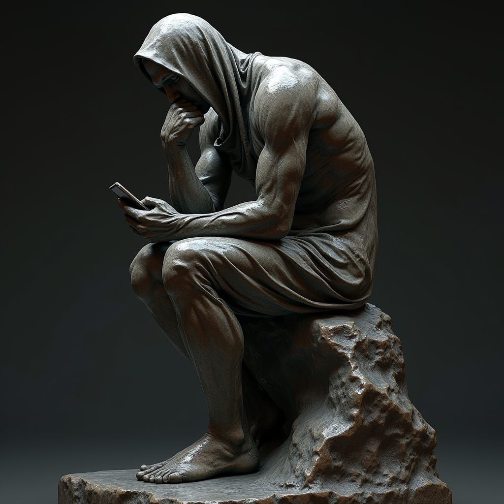 The Thinker with Smartphone in Hyperrealism Style