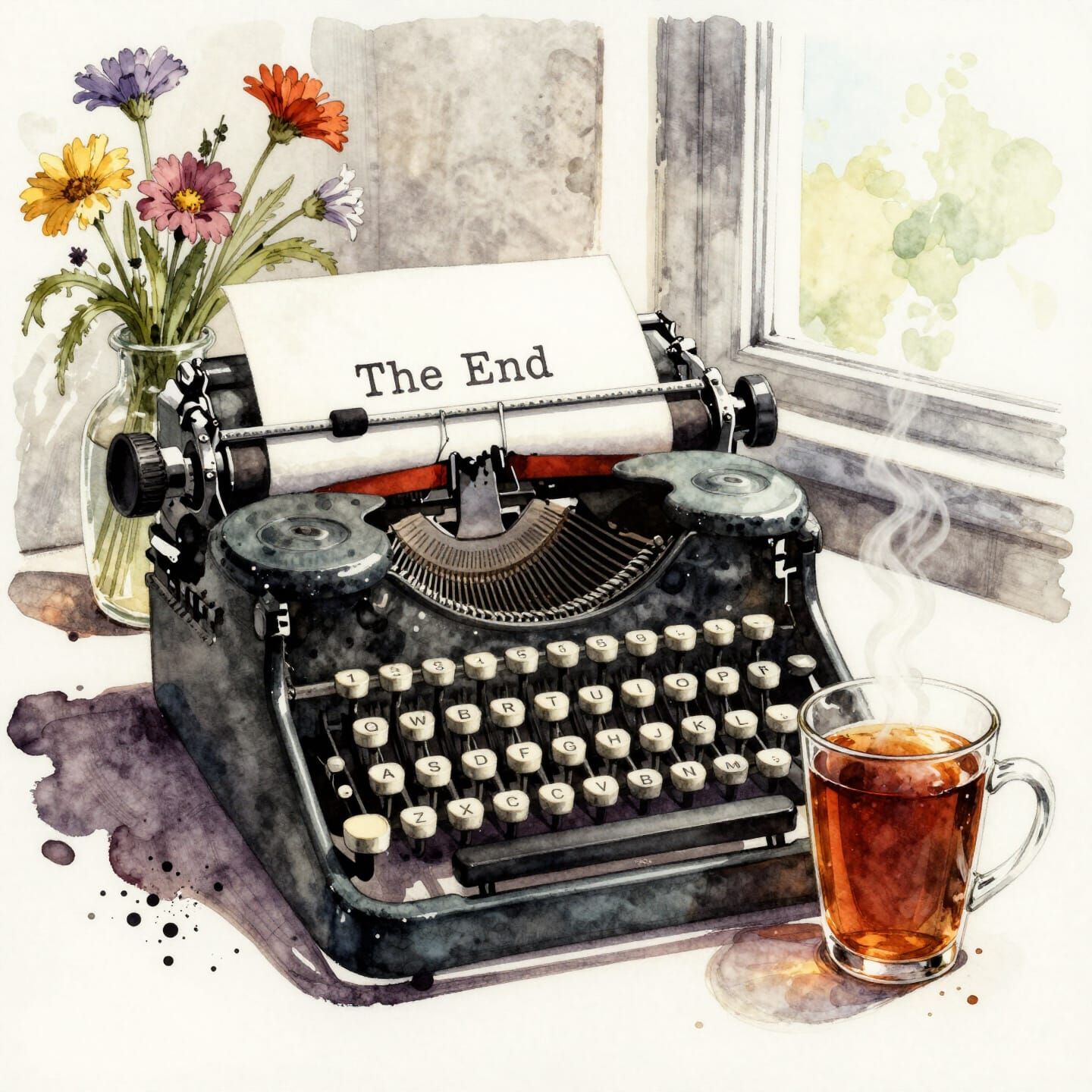 Alcohol Ink Sketch of Nostalgic Typewriter and Tea