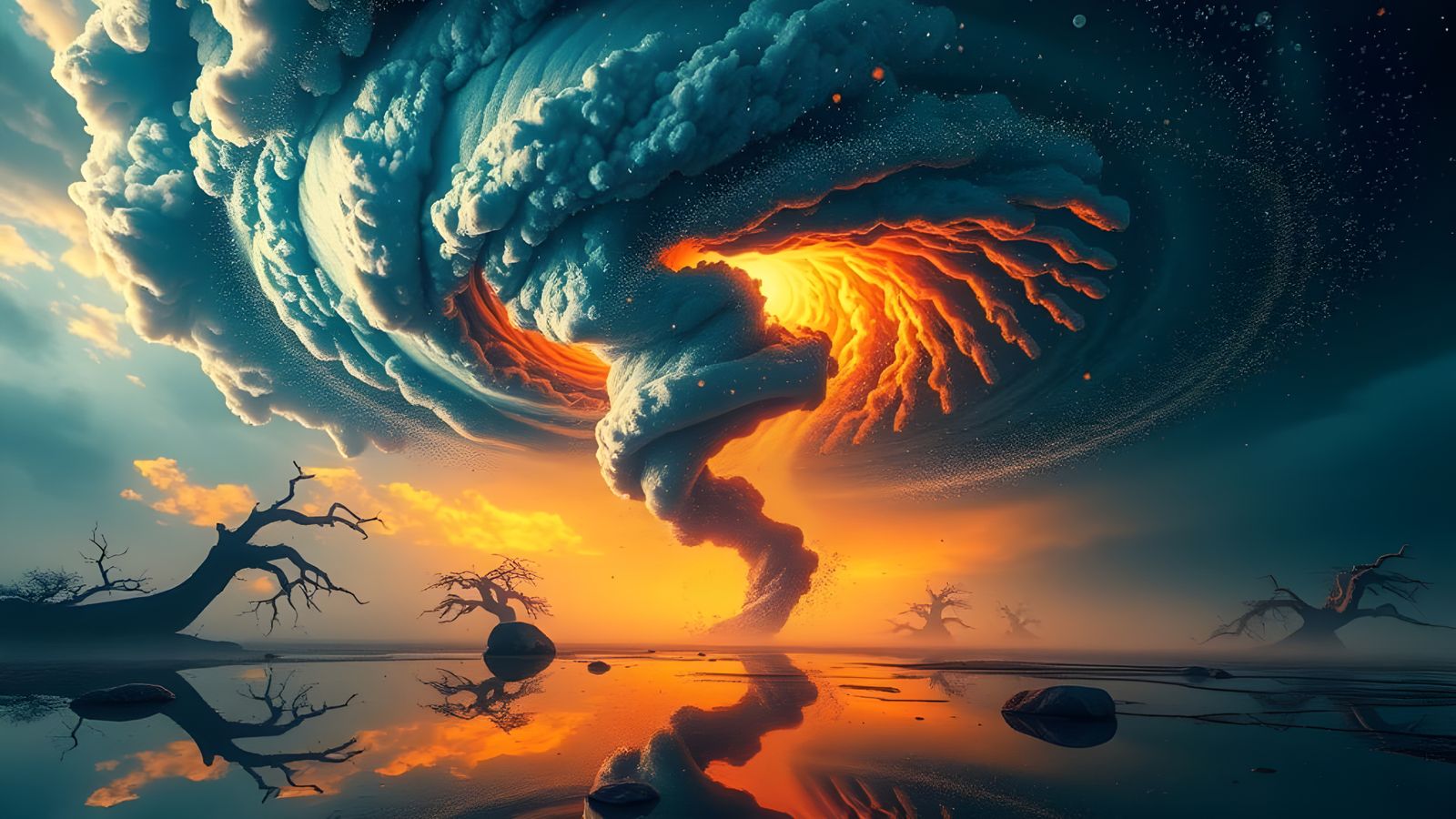 Colorful Particle Tornado in Mirrored Landscape