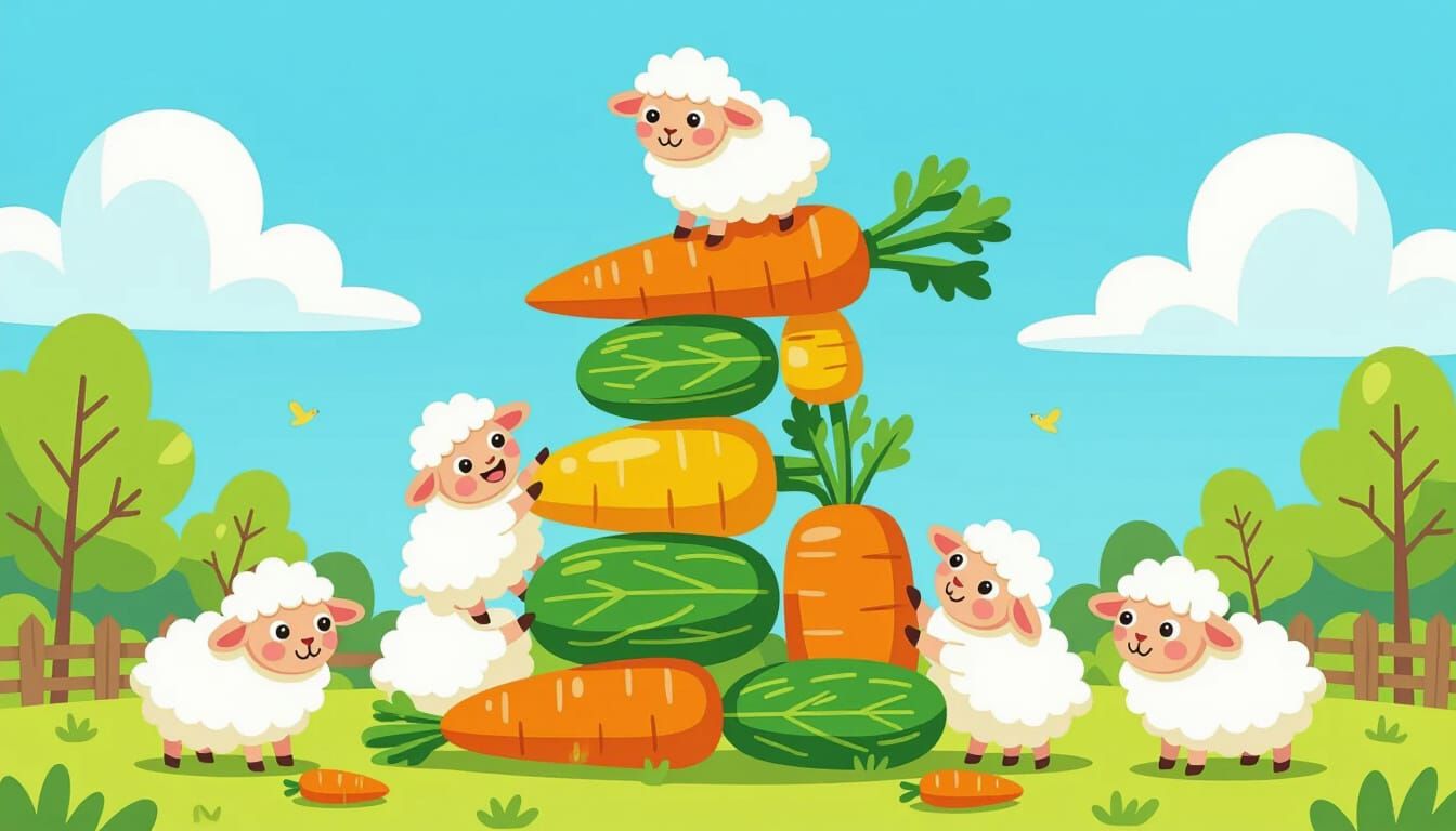 Fluffy Sheep Build Tower From Giant Vegetables