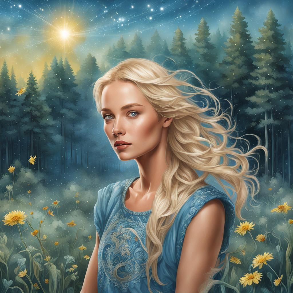 Blond Woman in Magical Celestial Storm