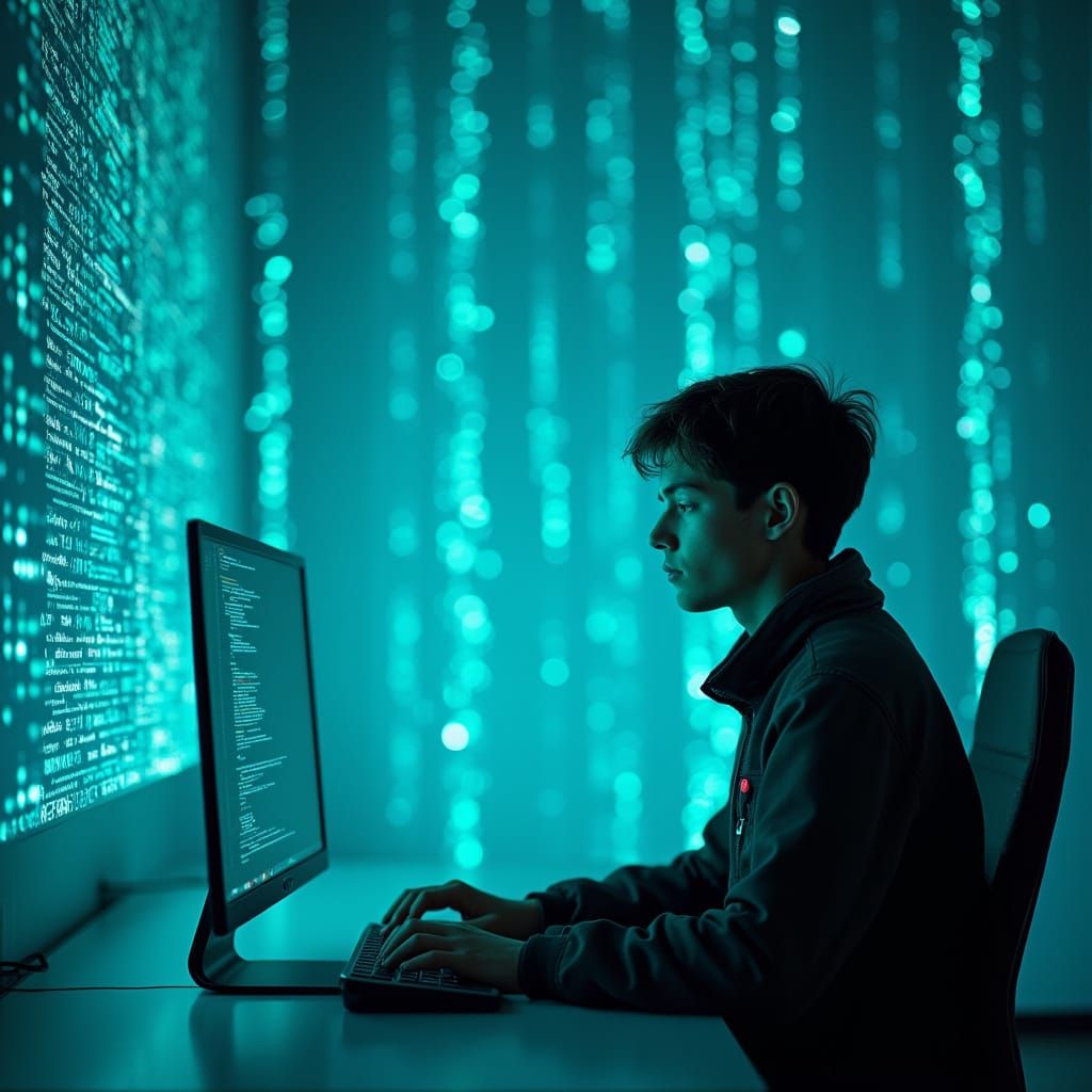 Programmer in a Futuristic Digital Dreamscape