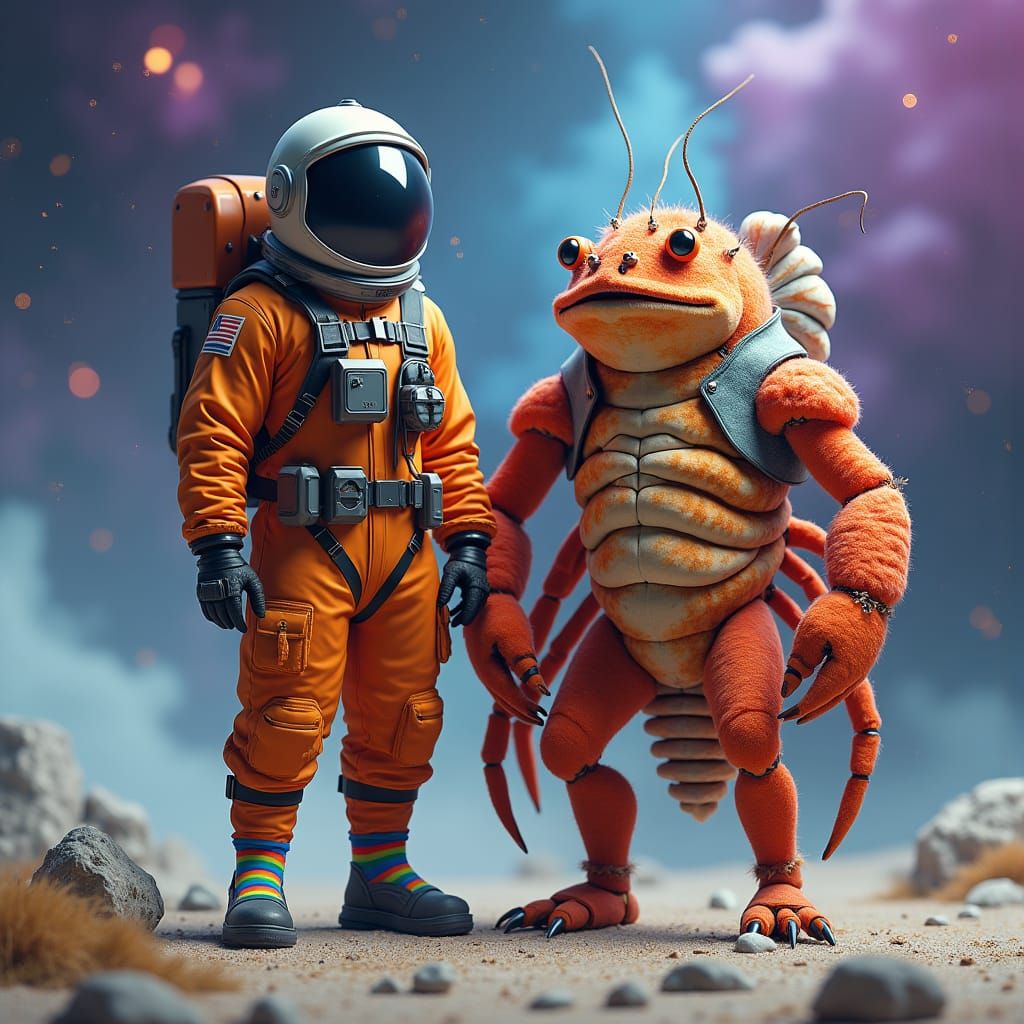 Astronaut and Crab Friend in Nebula Landscape