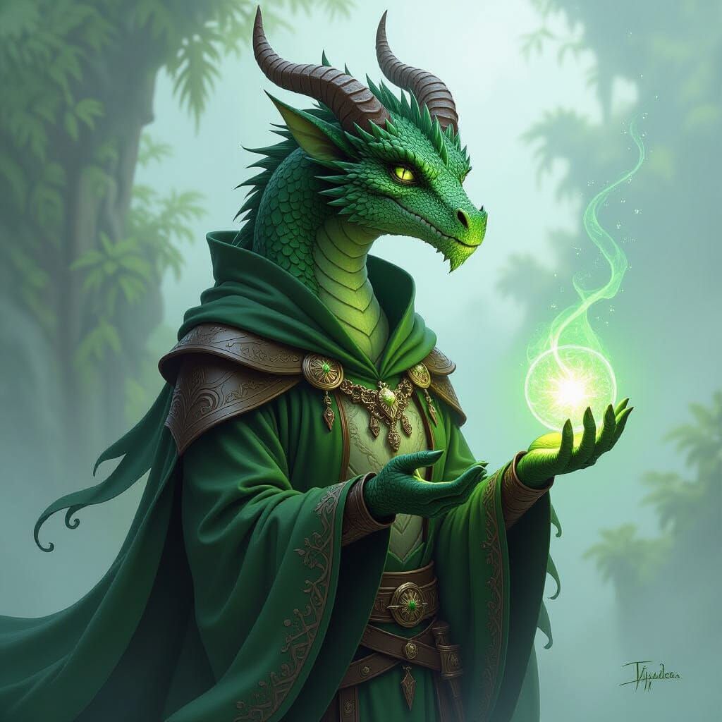 Green Dragonborn Warlock in Ethereal Mist