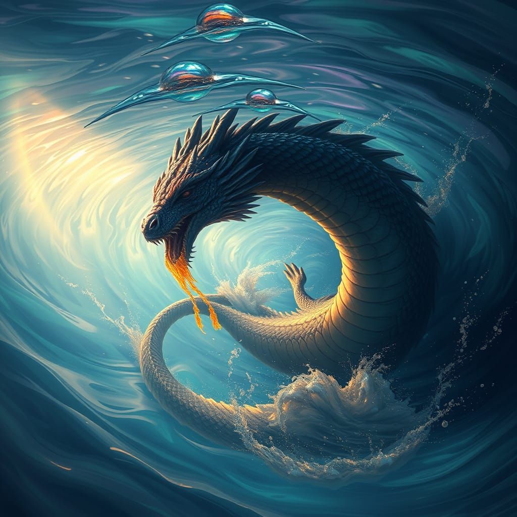Majestic Dragon Sinks Beneath Iridescent Ocean in Cyberpunk-...