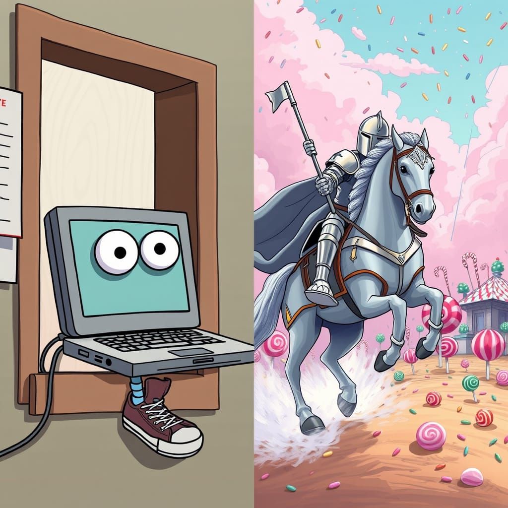 Laptop's Whimsical Escape in a Candy Land Battle