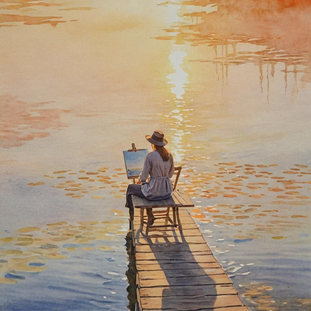 Impressionist Sunset: Lakeside Painting in Watercolor Style