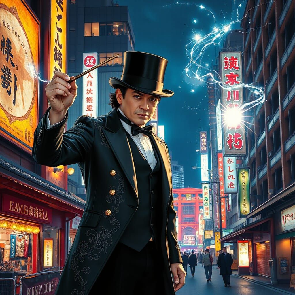Sleek Magician Conjures Mystical Energy in Kyoto's Neon Nigh...