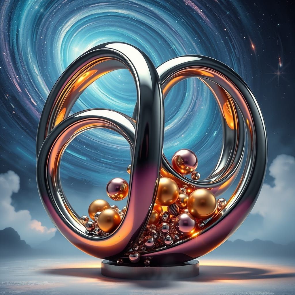 Surreal Cosmic Sculpture in Polished Chrome and Iridescent G...