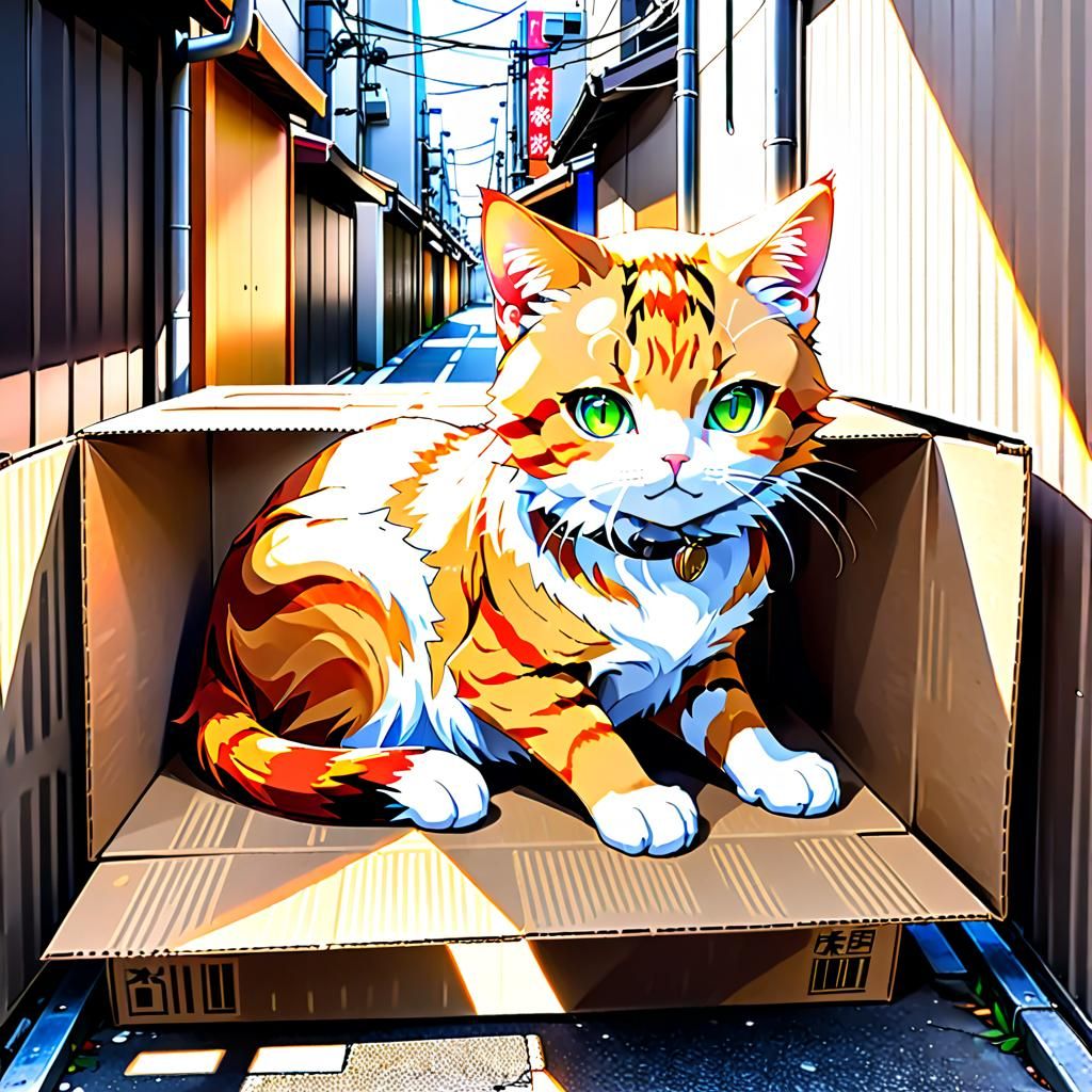 Beautiful cute anime Japanese orange striped cat green eyes ...