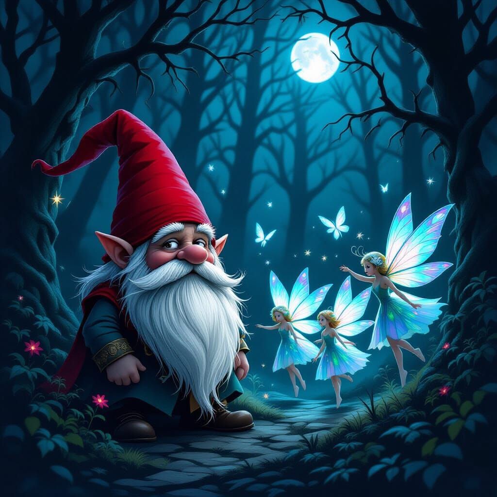 Grumpy Gnome and Fairies in Shadowy Forest Dark Fantasy Art