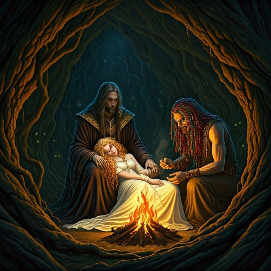 Dark Fantasy Scene with Mysterious Figure and Strange Creatu...