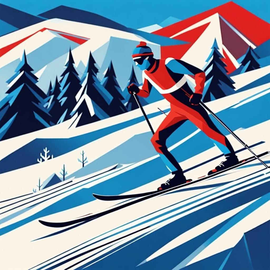 Dynamic Soviet-Style Skiing Poster with Geometric Shapes