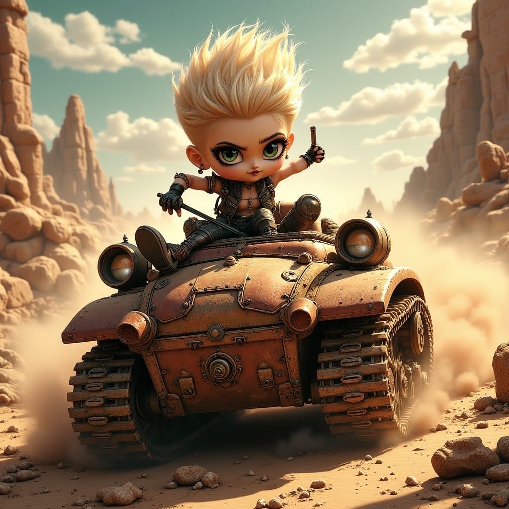 Chibi Tank Girl Races Steampunk Dreadnought
