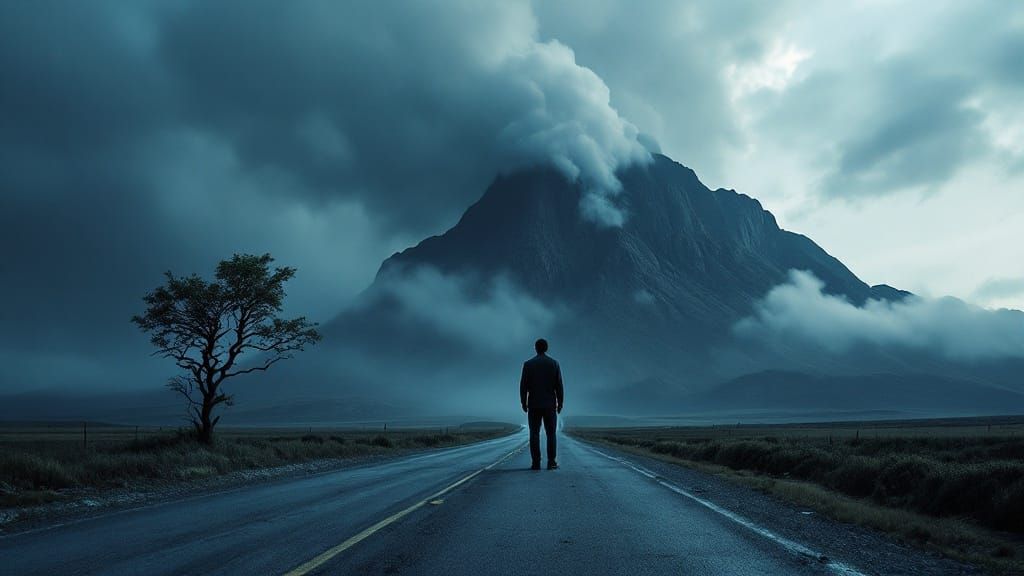 Mysterious Ancient Mountain Landscape in Moody Blue Hues