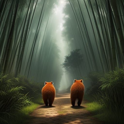 Red Pandas in Bamboo Forest Twilight Oil Painting