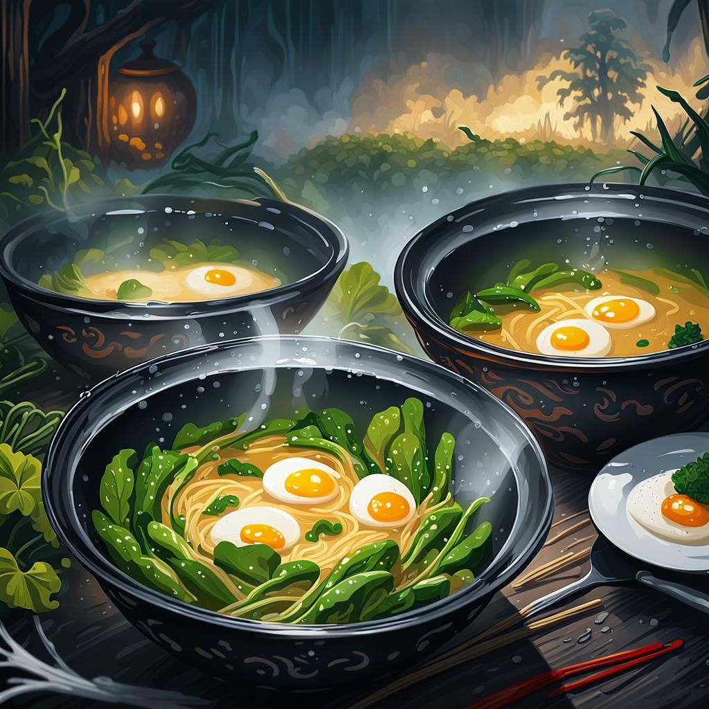 Steaming Bird Soup with Egg: Culinary Concept Art