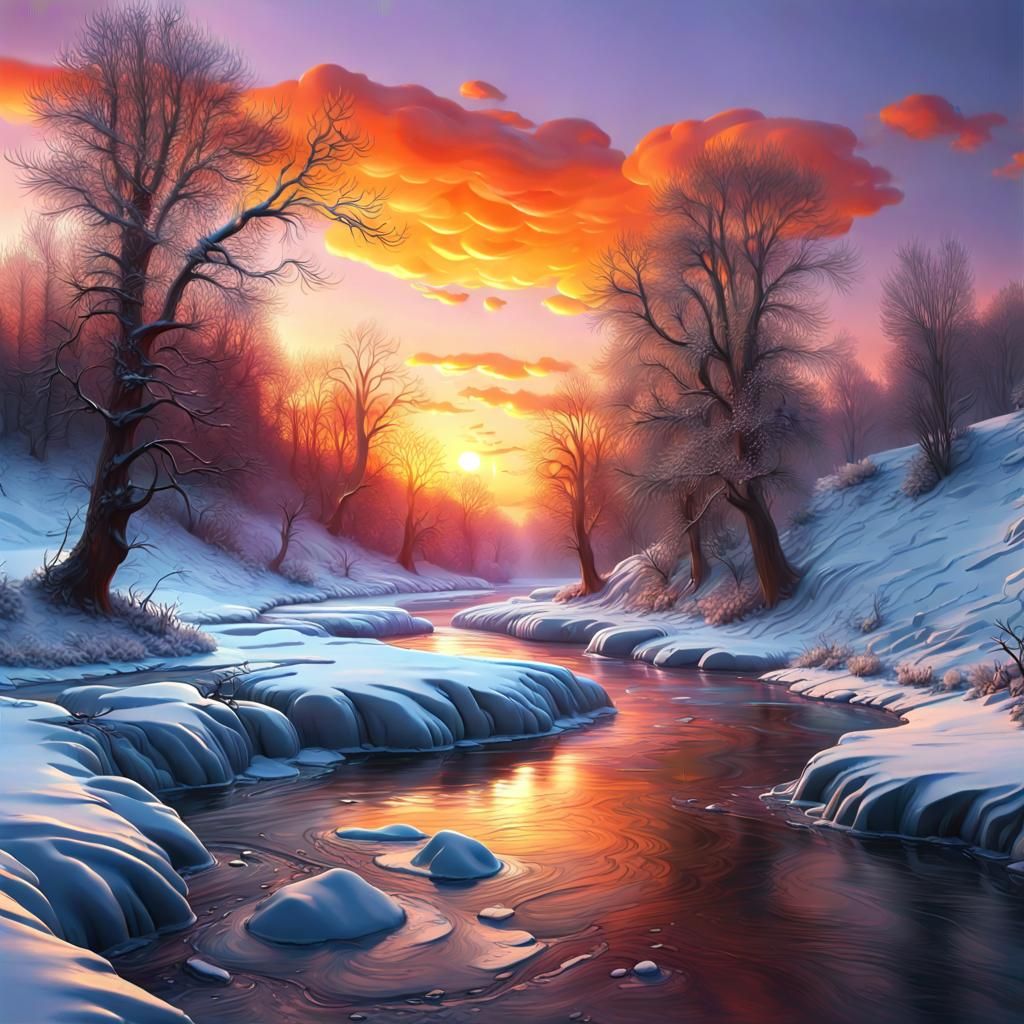 Winter River Sunset: Hyperrealistic Volumetric Plaster Paint...