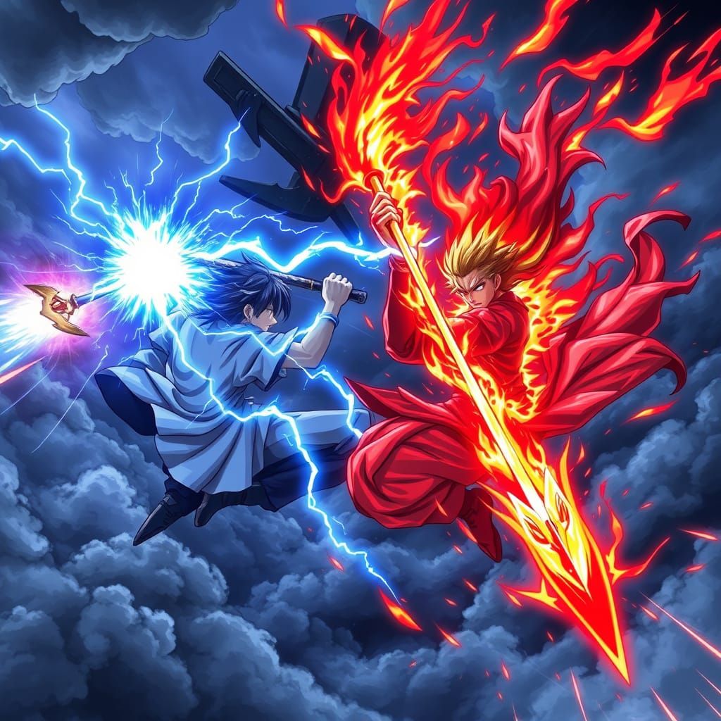 Anime Warriors Clash in Fiery Midair Duel