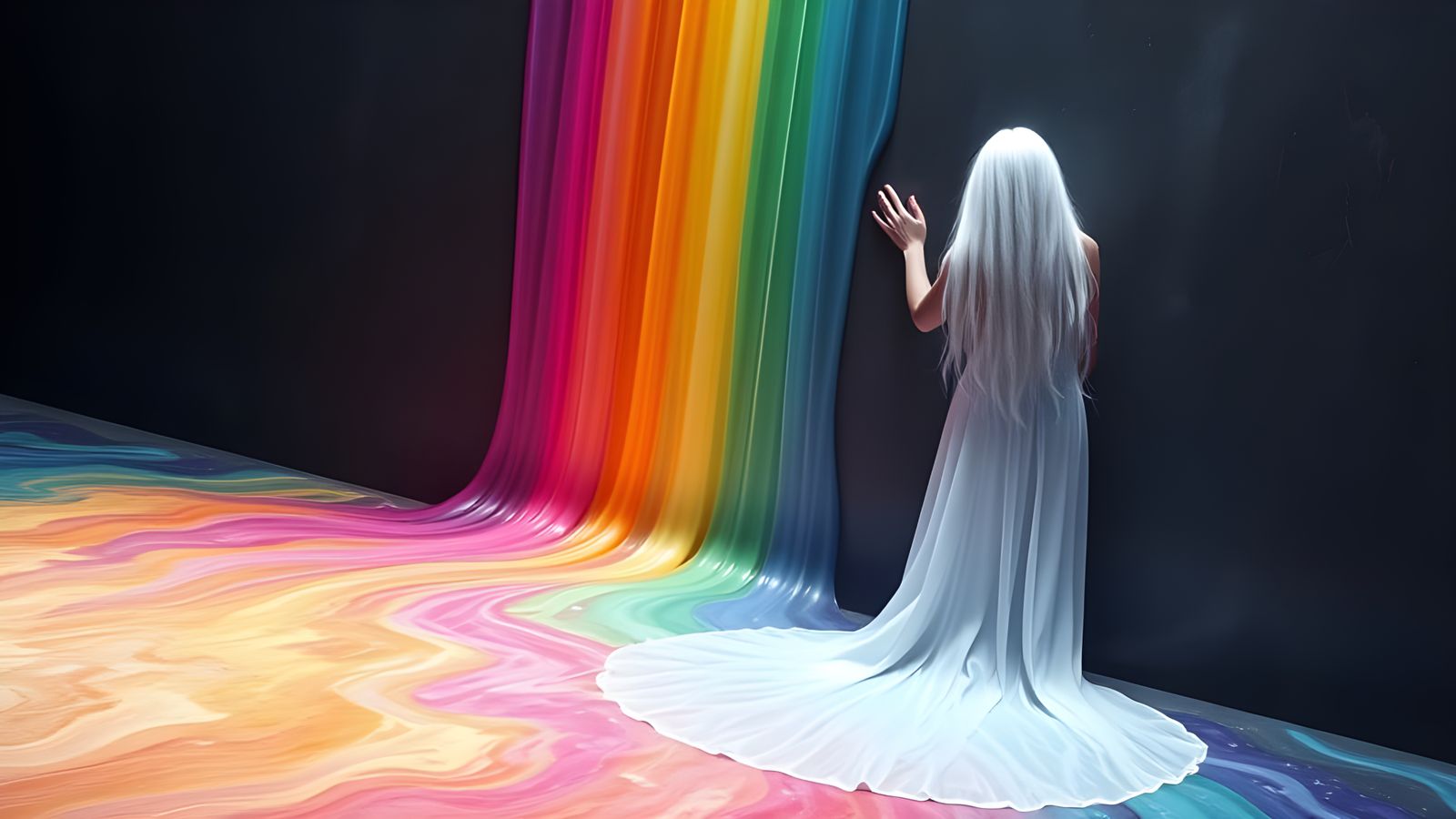 Surreal Goddess Merges with Radiant Rainbow Hues