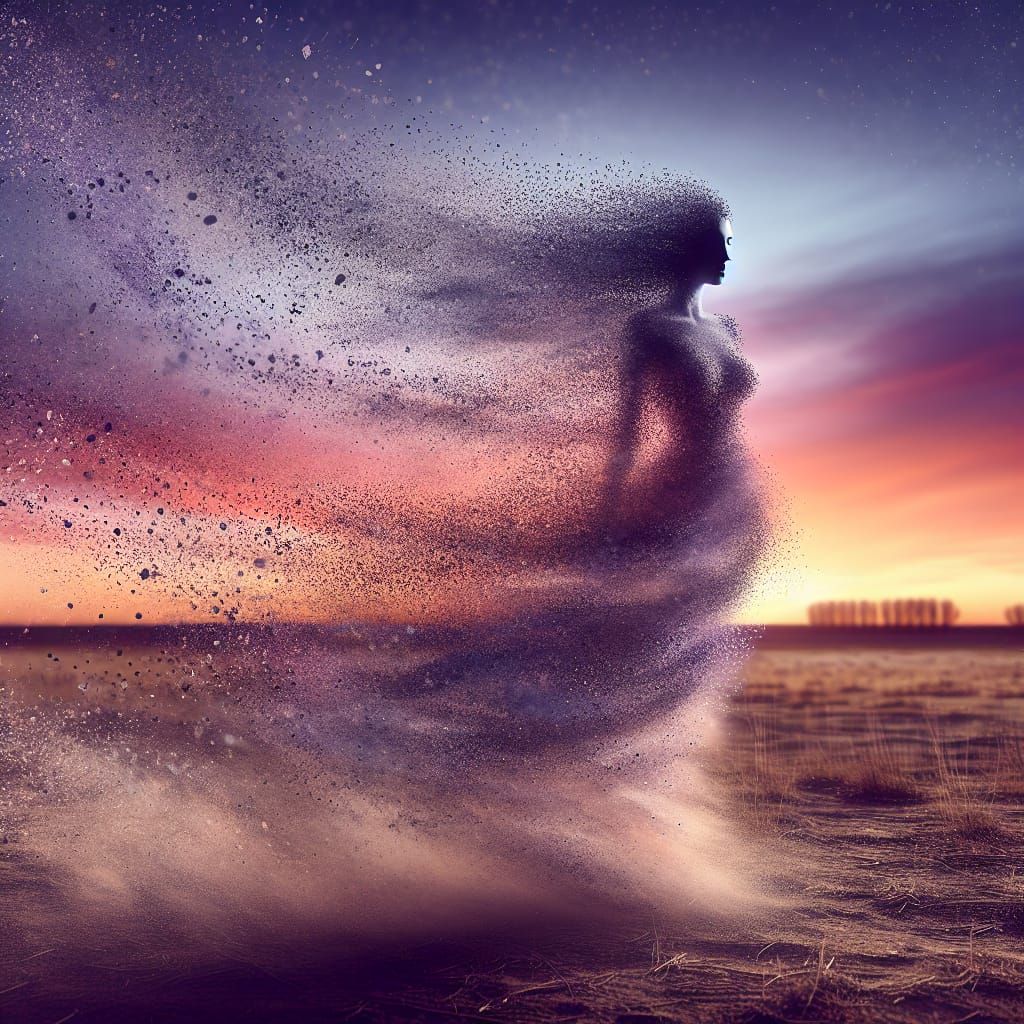 Ethereal Woman Dissolving into Dust in Twilight