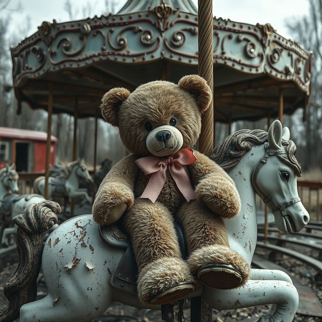 Sad Teddy Bear in Abandoned Amusement Park