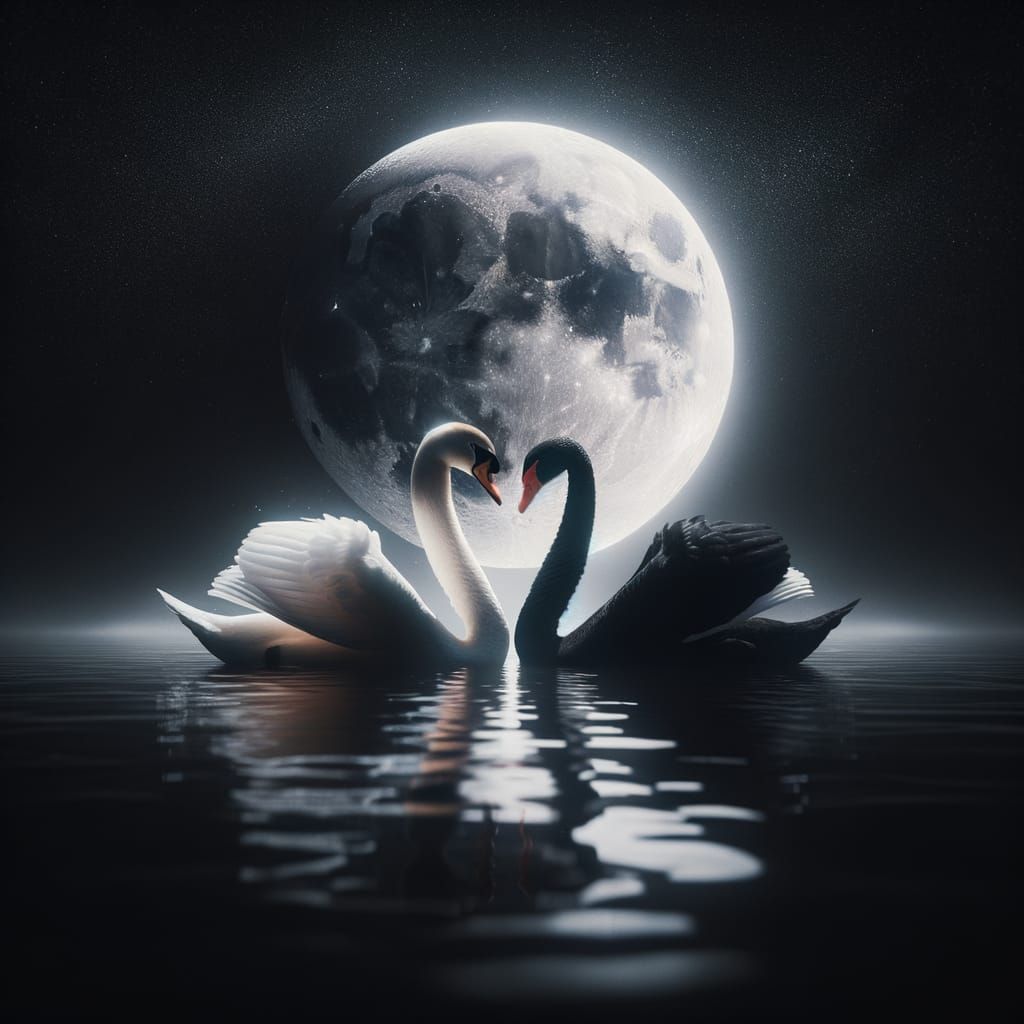 Romantic Swans Under Moonlight in Darkness