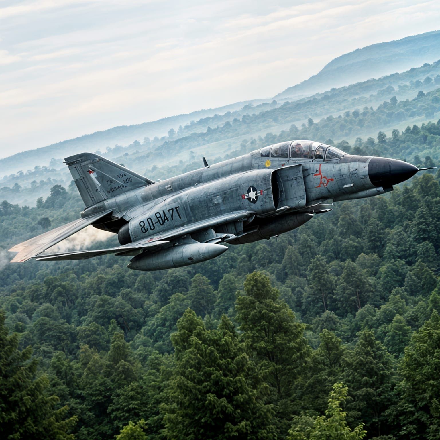 F-4 Phantom soars through misty forest canopy