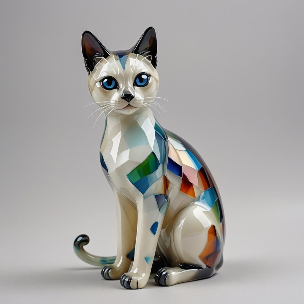 Colorful Glass Siamese Cat Figurine in Stained Glass Style