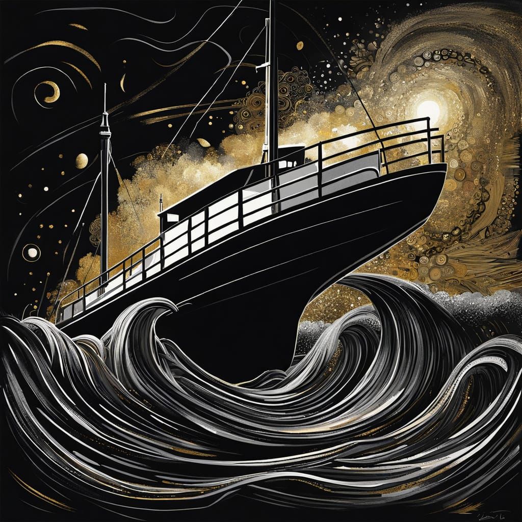 Grunge Artwork of a Boat on a Bridge with Golden Highlights