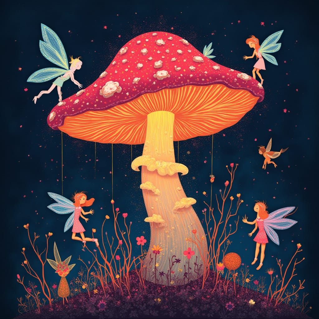 Glowing Mushroom and Fairies in Abstract Art Style