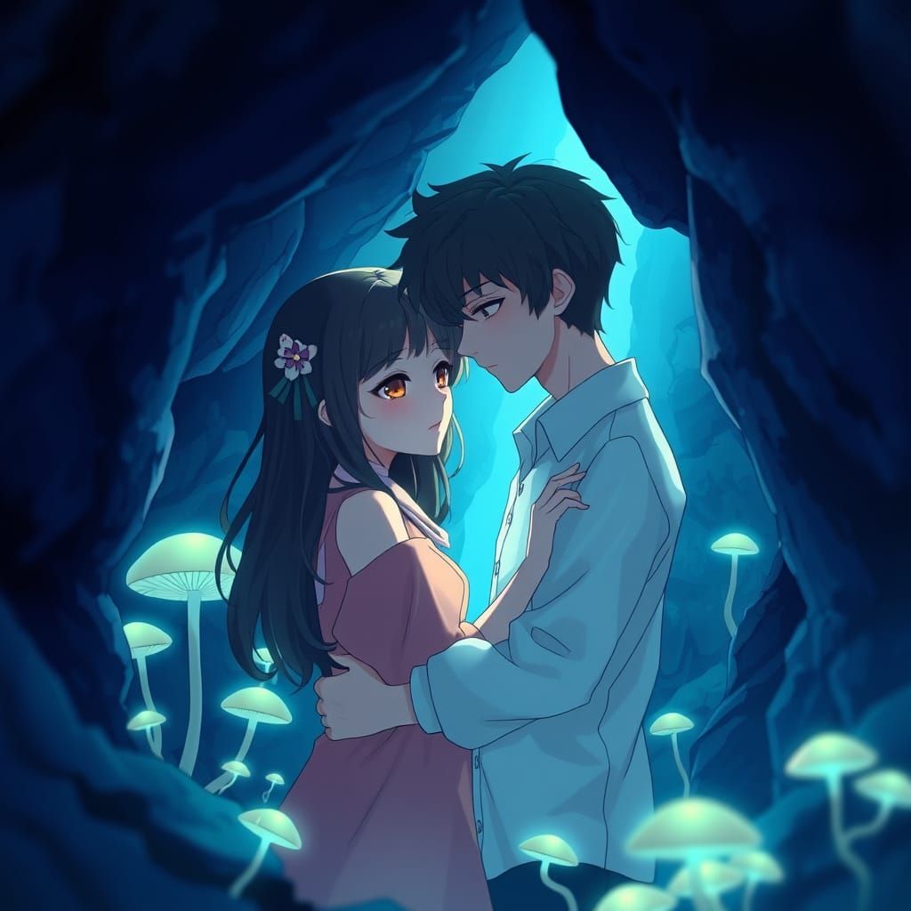 Anime Couple Embraces in Glowing Cave