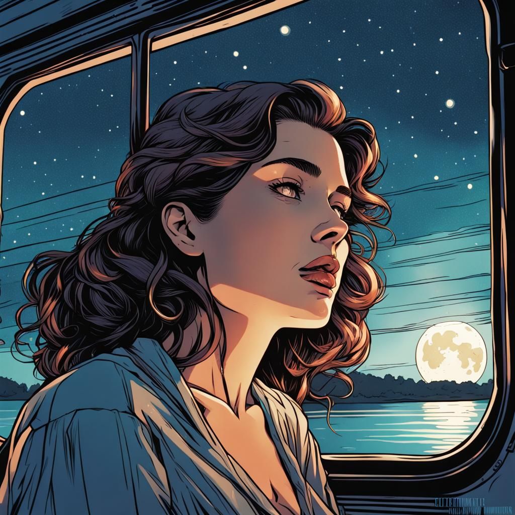 French Woman Stares at Starry Night, Comic Book Art