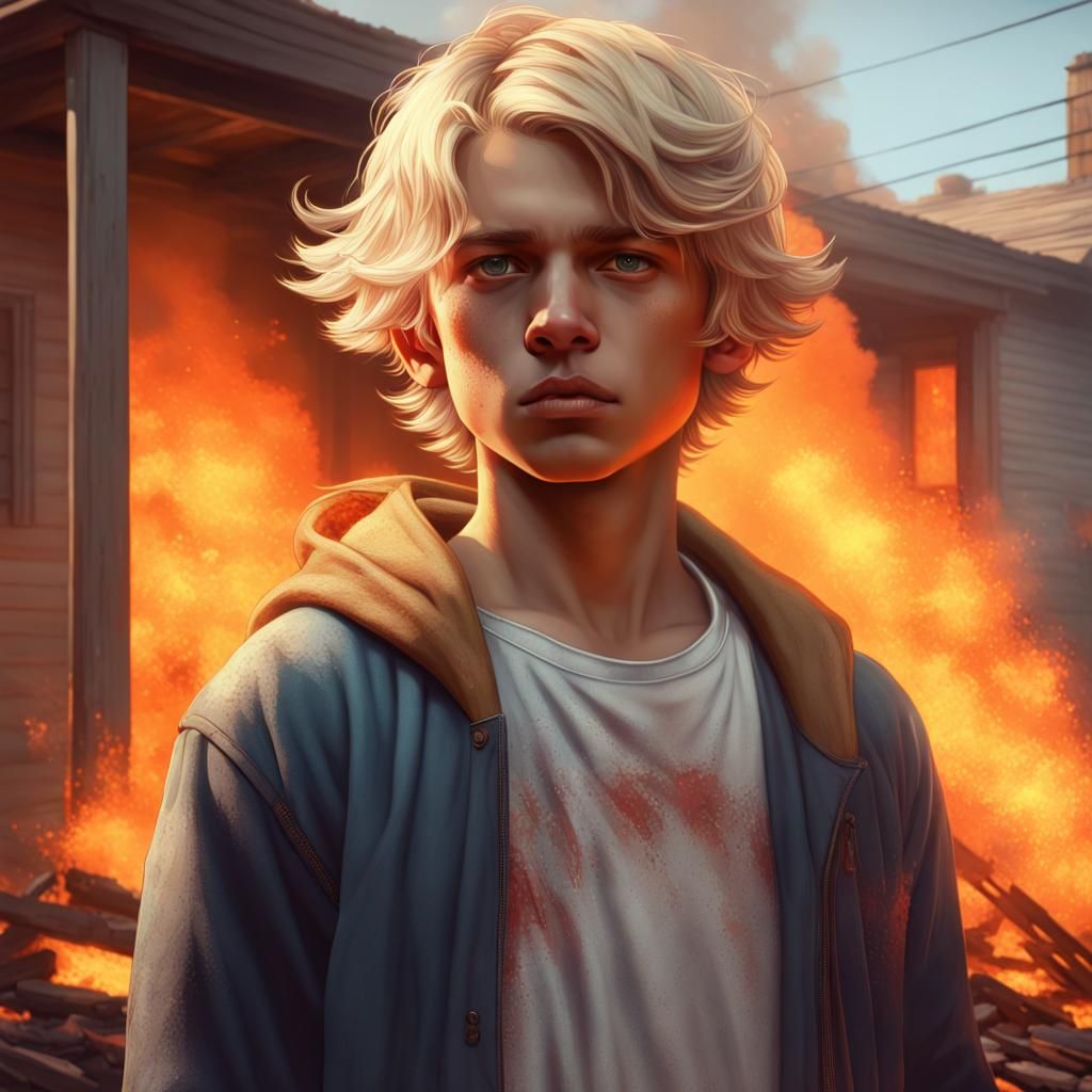 Boy in Front of Burning House, Digital Art