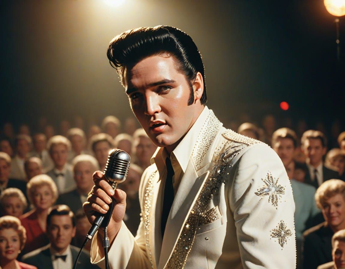 Elvis Presley Shines on Stage in Iconic White Jumpsuit
